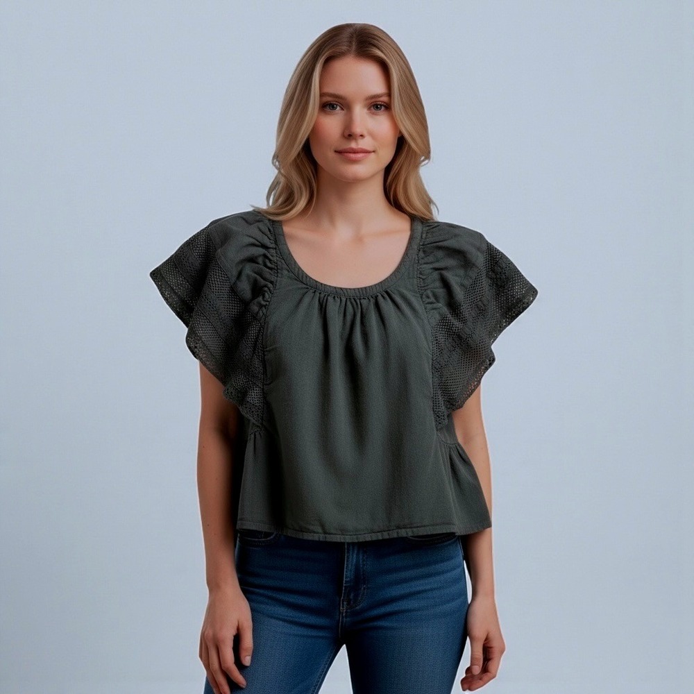 Old Navy Women's Black Lace Flutter Sleeve Gathered Peplum Top L 10 12